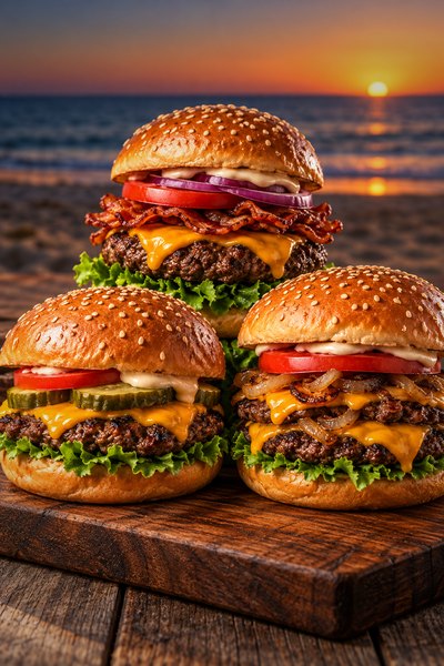 Three gourmet burgers on a wooden board at sunset in Santa Teresa