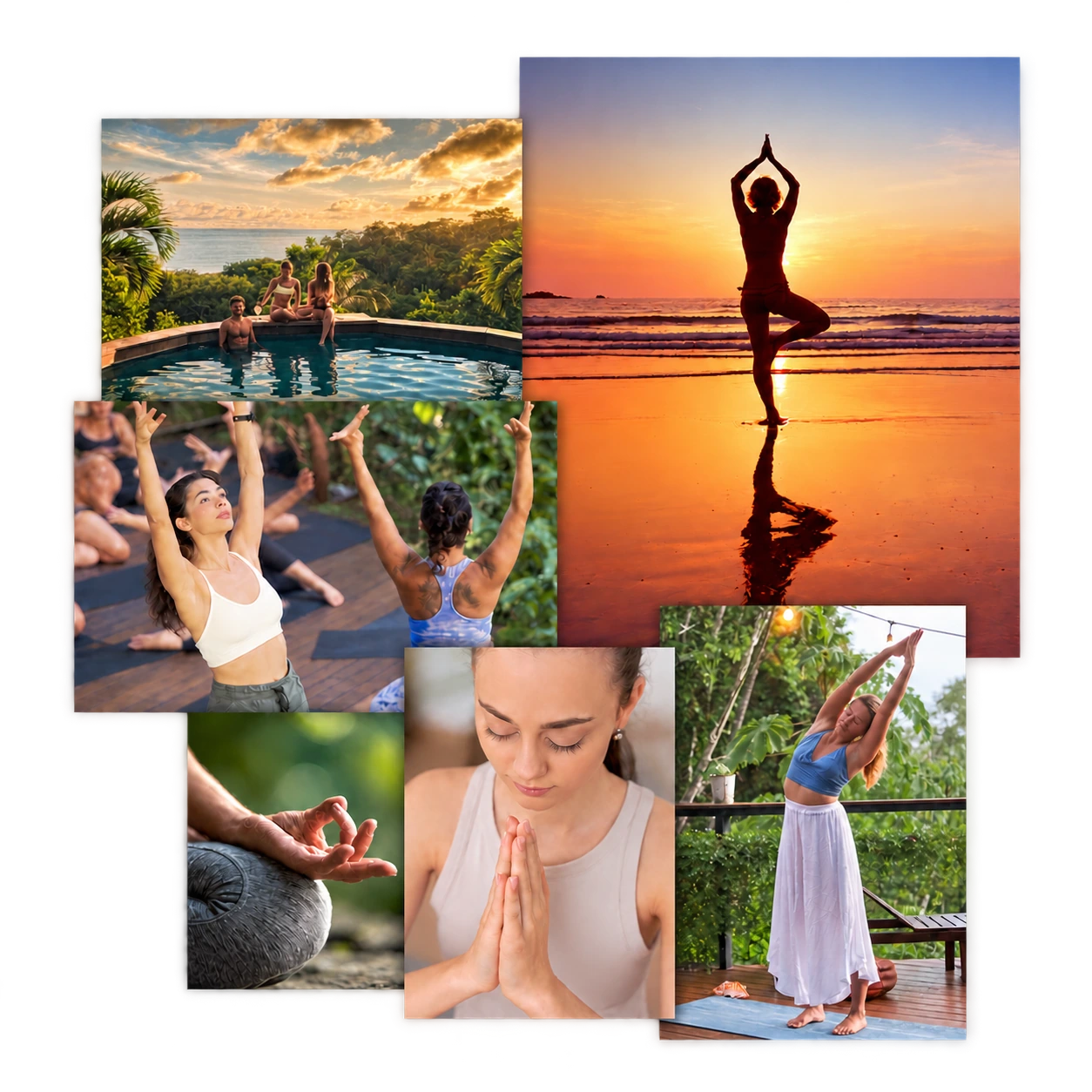 Retreats at Bohemia: yoga in the jungle shala, group practice, sunset